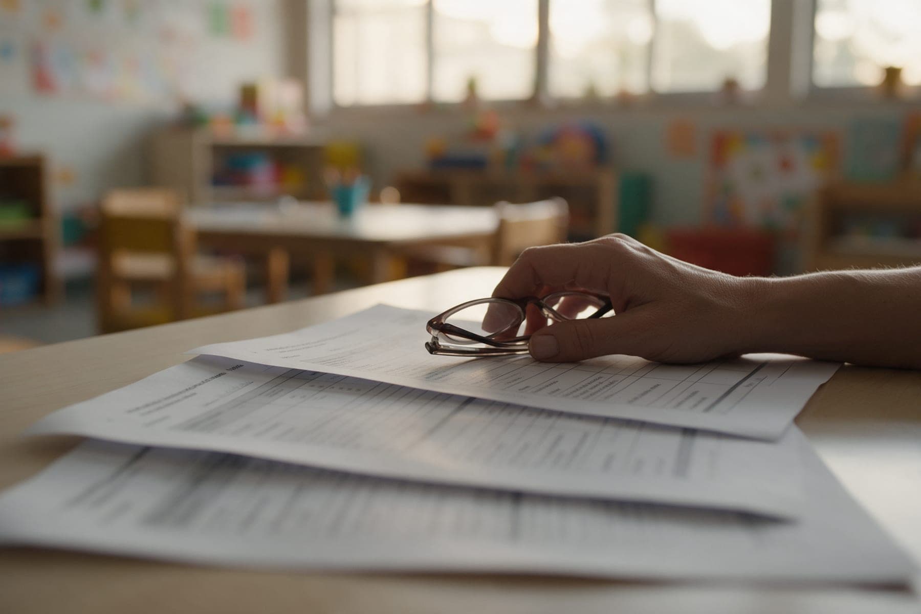 Três relatórios escolares impressos empilhados sobre uma mesa de madeira, com a mão de uma professora apoiada sobre eles, segurando óculos de leitura.